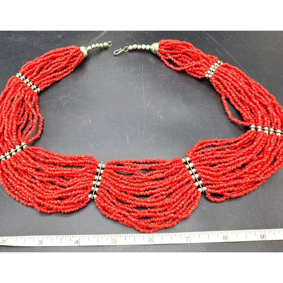 Vintage Red Beaded Multi-Strand Necklace With Silver Accents 20" HS195 - Picture 7 of 7